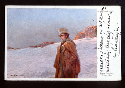 Postal vienesa que representa a Franz Peter Schubert (1797-1828) e ilustra su ciclo de canciones 